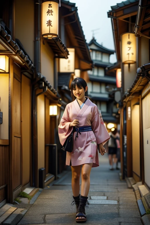 One Japanese beauty, wearing kimono, on the streets of Tokyo, facing the camera, smiling, f2.8 50mm, hello, ultra hd, ultra hd, shadow