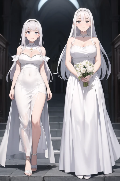 Irisviel,white with gpld dress sleeveless,solo,looking at viewer,beautiful smile,arm at side,middle size of breast,beautiful necklace,matching remix,revealing dress,in beautiful garden,Irisviel with her daughter