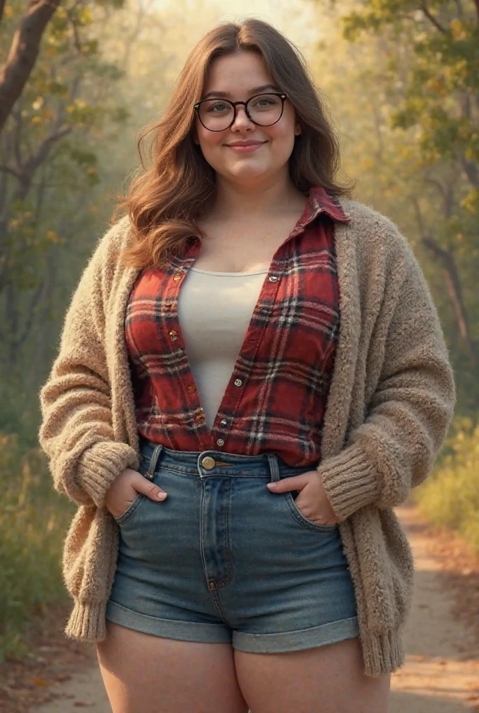 A peaceful photo of a young cute nerdy redhead bbw student with glasses with long wavy ginger hair soft fat belly, wide fat obese hips, thick fat legs and fat arms, cute pretty face, small breasts, blue eyes, freckles, in long plaid shirt tucked in her simple trousers, and trousers, wearing a backpack in front of a school