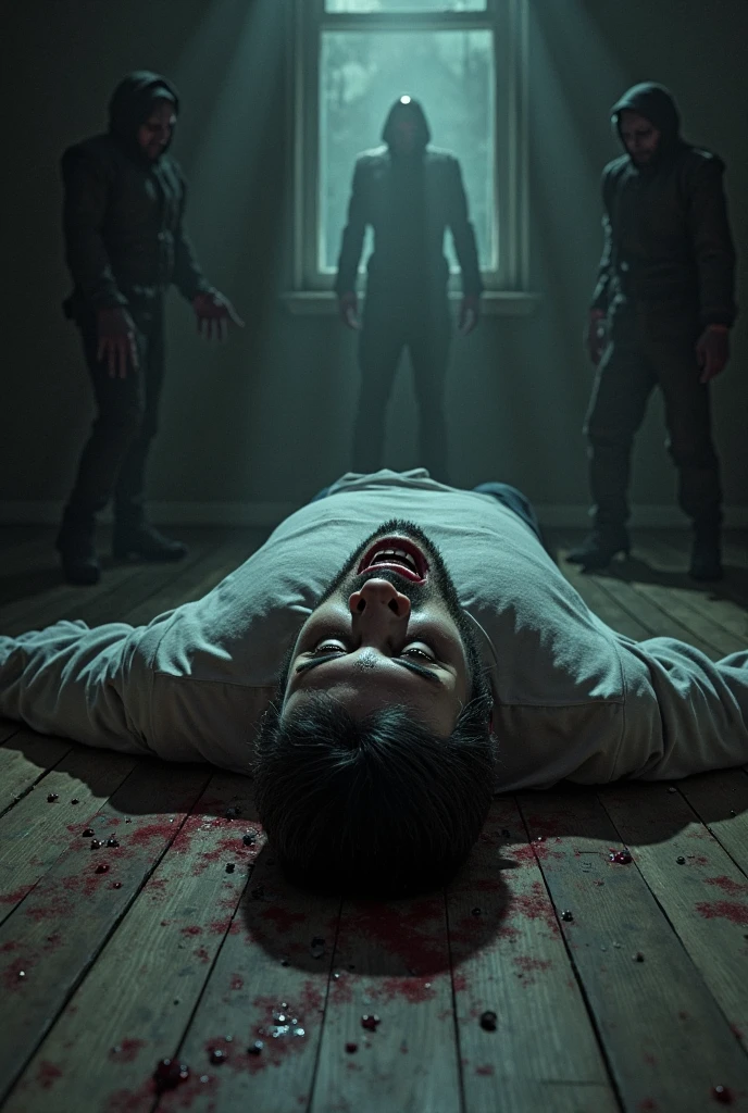 A shredded bloody and gory dead man in a dark basement, nightmare