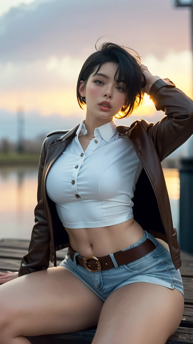 (masterpiece, best quality), 1girl, 18 year old, (((caucasian))), (((emerald green eyes))), ((perfect lips)), (((perfect eyes))),((perfect nose)), (((perfect hands))),(((very detailed hands))), (((perfect fingers))),(((black hair, short hair, straight hair, small braid in her hair))), (((wearing: buttoned shirt, open shirt, no bra))), (((breasts exposed))), ((background open beach)), ((blurry background)), ((shy)), (Pose: embarrassed look, looking at the camera)