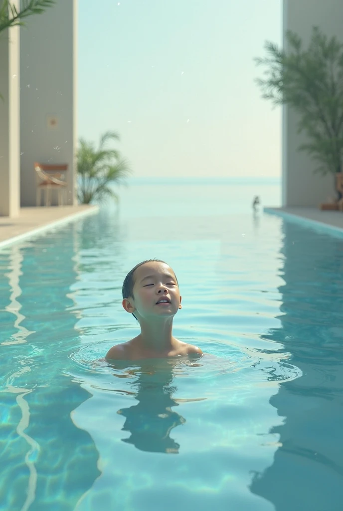 There was a young girl in a black shirt in the pool, playing at swiming pool, ssmile，kiddy big breasts, Young Asian girl, Children in the water，photore，The impact is clear，4K
