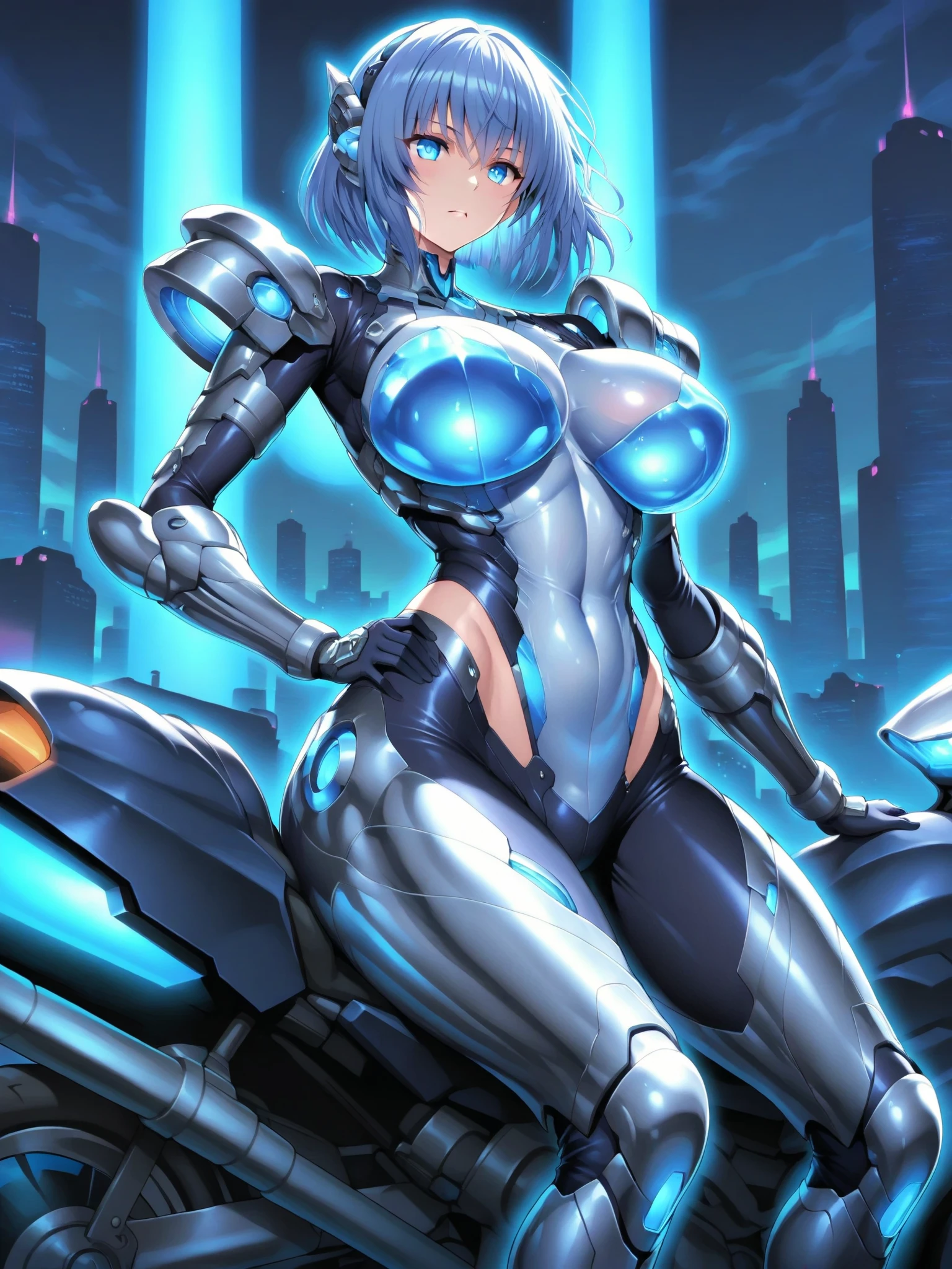 1girl, blue hair, very short hair, pixie cut, spiked hair, tomboy, bodysuit, large breasts, thick thighs, toned, mature female, tall female, futuristic, yellow eyes, black bodysuit, neon trim, science-fiction, neon, neon lights, smile