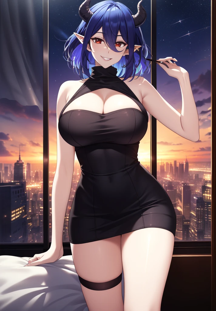 a woman wearing a white dress, in a big city at night, blue hair, purple eyes, smiling
