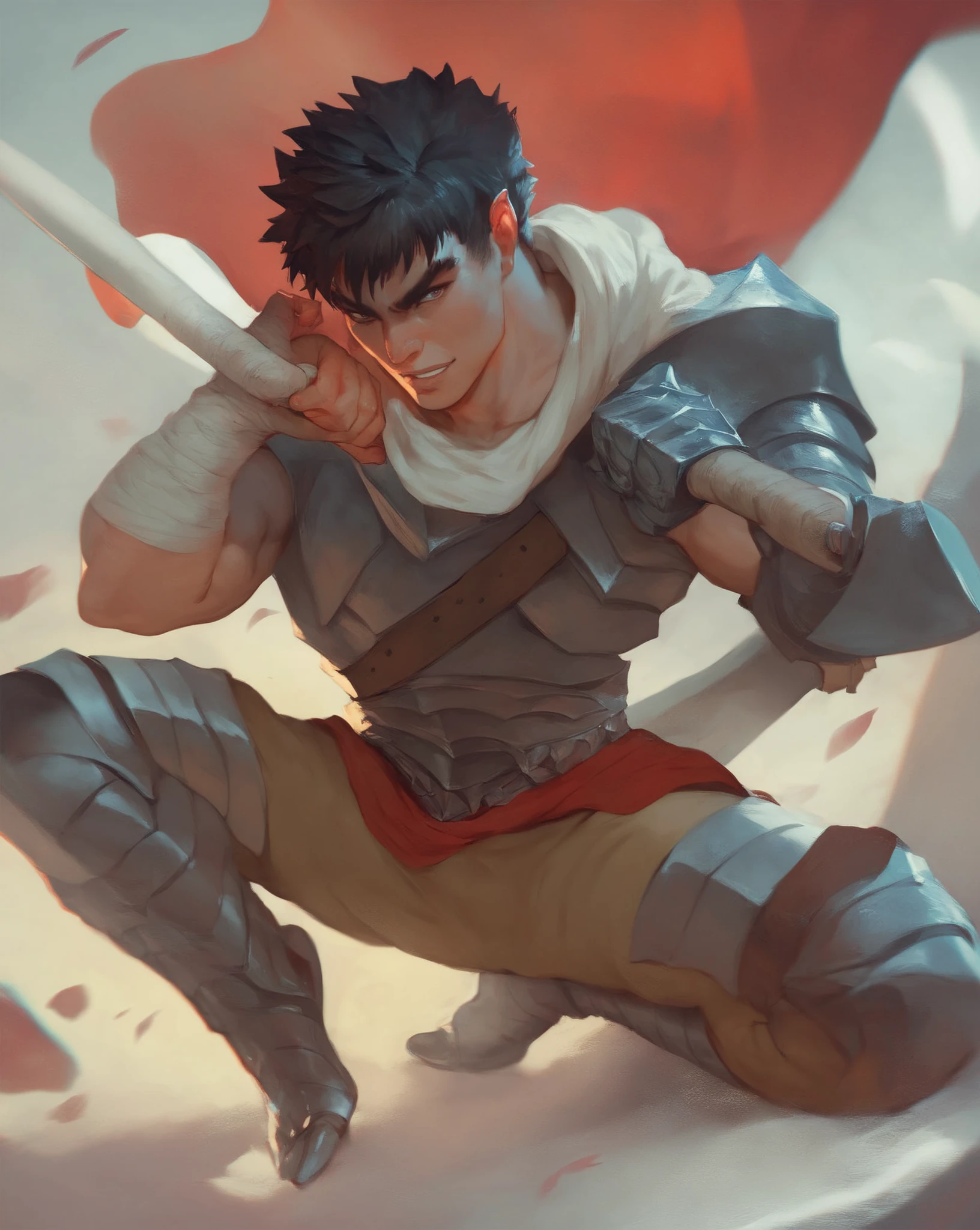 Guts character is Berserk, showing his bare feet in front of the spectator, wearing his swordsman's armor at the same time, but barefoot and without boots