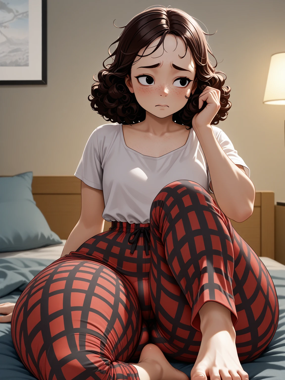 [Rue_(the-minuscule-task)], [Uploaded to e621.net; (pixelsketcher), (wamudraws), (the-minuscule-task)], ((masterpiece)), ((HD)), ((high res)), ((solo portrait)), ((bird's eye view)), ((low angle view)), ((feet visible)), ((detailed fur)), ((detailed shading)), ((beautiful render art)), {anthro female reindeer; (slim figure), brown fur, (glowing red nose), small round ears, (small reindeer horns), (cute brown eyes), (short eyelashes), (long brown curly hair), (curvy hips), (beautiful legs), (beautiful feet), (hooves toes), (blushing), (surprised), (embarrassed expression)}, (blue tee shirt), (black boxers)}, {(laying on bed), (looking at viewer)}, [ambient lighting, bedroom, textbooks, homework, nighttime, moonlight]