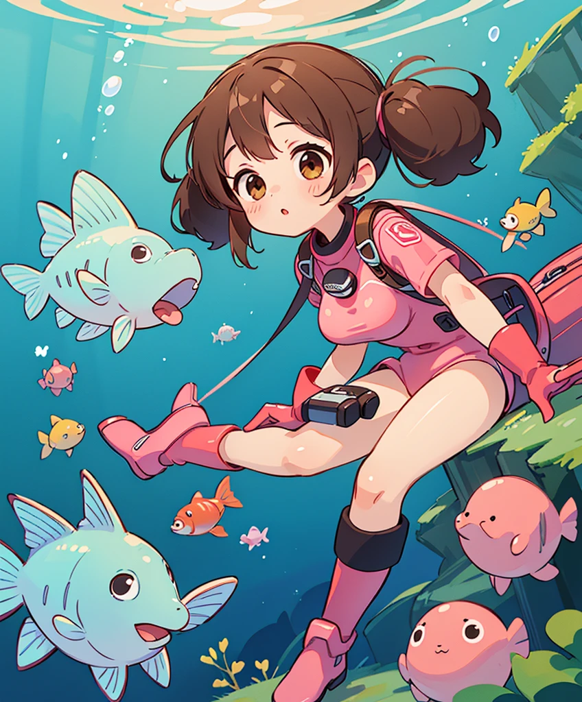 (masterpiece、highest quality、highest quality、Official Art、Beautiful and beautiful:1.2)、(One girl:1.3)Hatsune Miku、Twin tails,Big Breasts,Impressive art style,Highly realistic representation,Ultra-fine detail,Dazzling colors,Unique viewing angle,Realistic underwater scenes,Soft water light effect,Real Back,Energetic behavior,Character details are laid out,Cute 5 year old girl,Reversing the Deep Sea,Brown Hair,Protective goggles,Wetsuits,Diving Gloves,diving shoes。