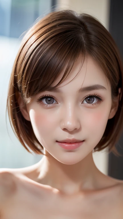 (High resolution:1.3), (16k, Photorealistic, Raw photo, Best image quality: 1.4), Japanese, (One Girl), Beautiful Face, (A vivid face), (Black-haired、short hair:1.3), (Black Eyes 1.3), Beautiful Hairstyles, Realistic eyes, Beautifully detailed eyes, (Realistic Skin), Beautiful skins, attractive, 超A high resolution, Surreal, High detail, Golden Ratio, Highly detailed cute girl,(20-year-old),No sleeve, (Ecstasy, Breathtaking)