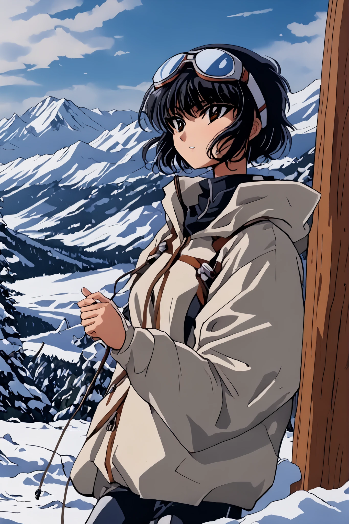 SDXL 10:02:27 (high quality:1.5), (((8k))), (masterpiece), work, extremely detailed, (high detail:1.2), alone, (HotLexi Female )), 24 year old Asian woman, ((Perfect Anatomy)), (snowy field and wooden cabin behind), (skiing cold clothes and snow goggles),Ryuzakiumi,Facing a black and white comic
