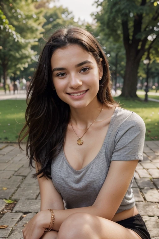 Jessica Degg short chubby face brunette long ponytail straight hair Caucasian freckles fake tan eyelashes dark eyes eyeshadow make up smiling jewellery short chains camisole outside in nature