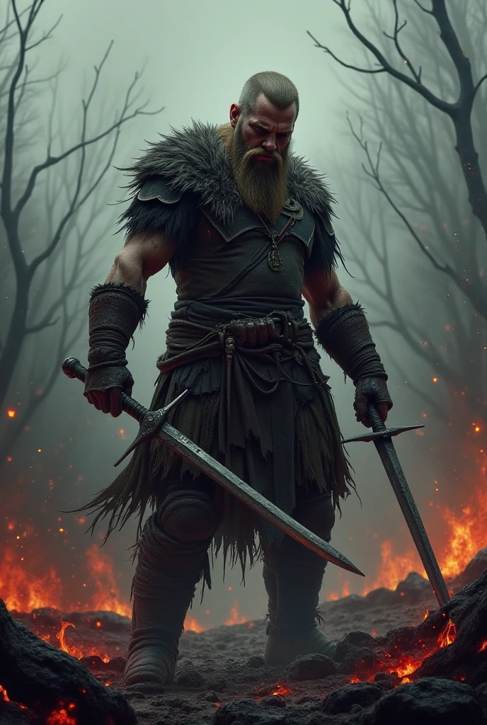 a 2 nordic man with long hair who looks like a warrior with an axe in his hand on the battlefield covered in blood