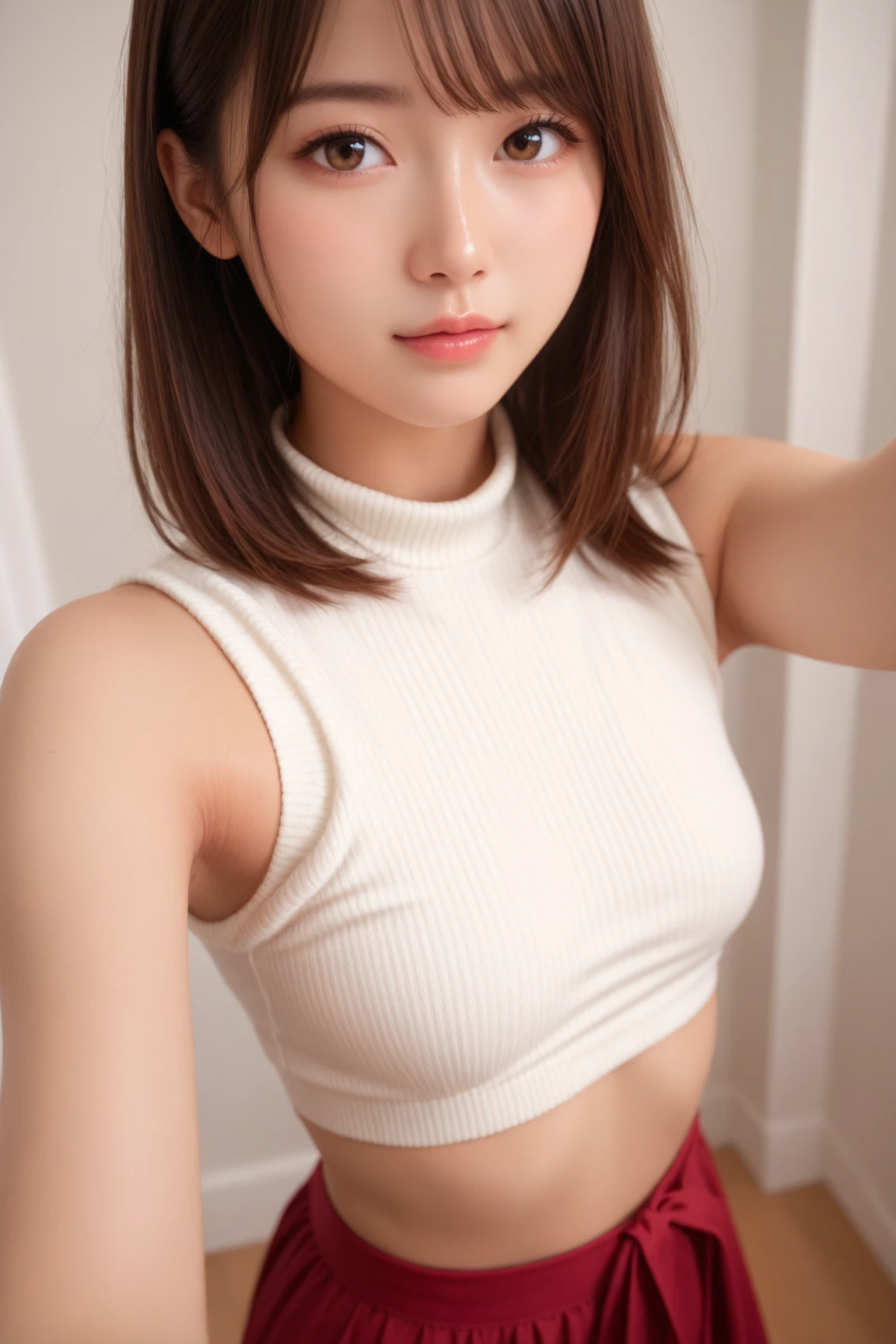 (Original photo: 1.2), (Realistic: 1.4), (Masterpiece: 1.3), (Best quality: 1.4), Dreamy, (detailed eyes), (detailed facial features), (detailed clothing features), Skin tightness, (Shiny skin), (Slim Girl), (Slim Girl), (Slim Girl), 1 Girl, Veronica Code, Solo, Cute, Bangs, Short brown hair, Black eyes, (Medium breasts), ((Shirt)), Dynamic pose, (Kodak Film Color) ((Camera not visible)) ((White Studio) (Studio Light) ,(crop top:1.4), flat titts