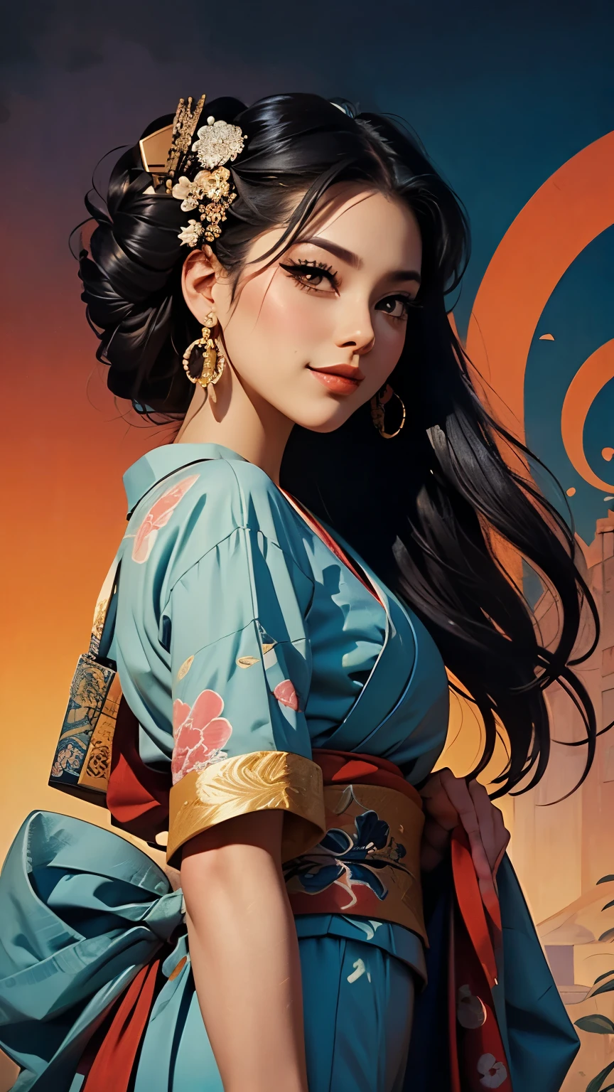 woman, 1980’s retro design style, pretty Geisha reimagined in beautiful gesture expression, intricate, complex contrast, stylized colors, wide long shot, perfect fantasy art masterpiece (lineart:1.2), graphical design, head turned looking at camera, smiling lips, view from below, style by smeglejj
