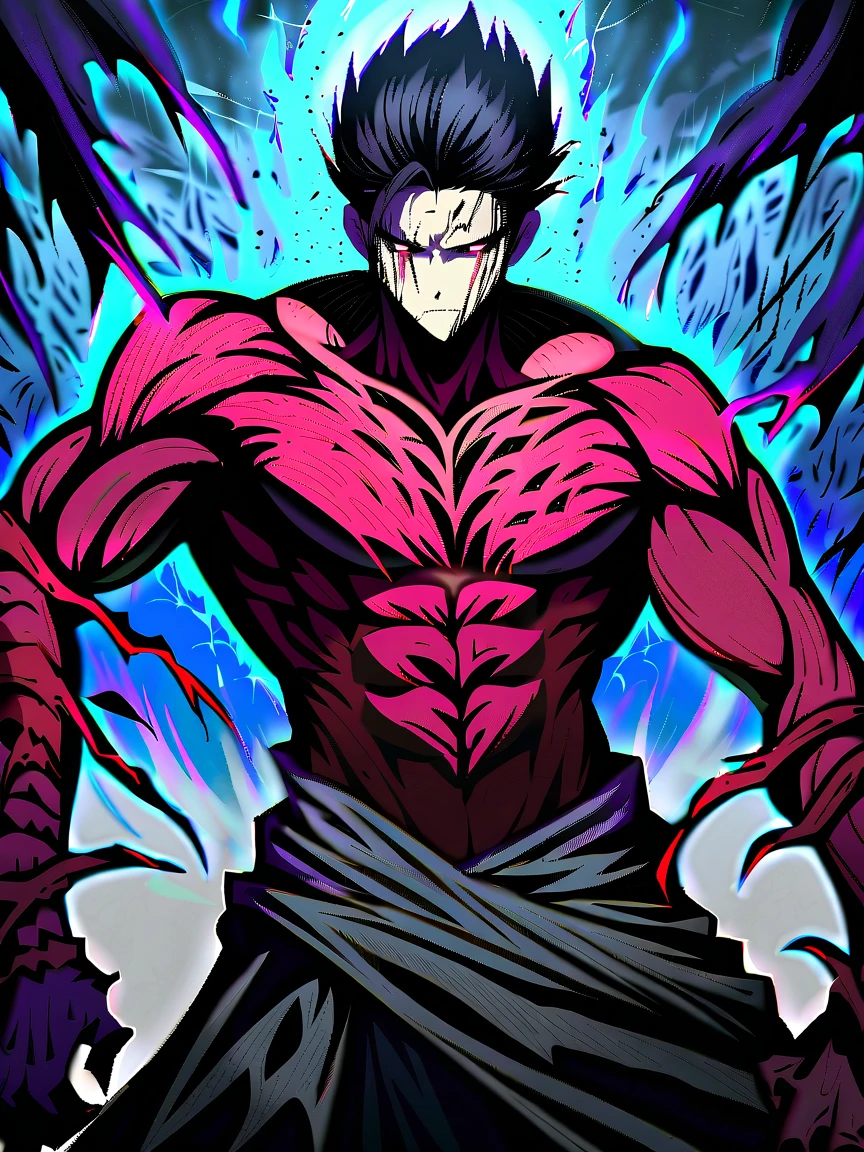 Supersayajin Ultra, black hair color diamond gradient, red eyes with black outlines painted around the eyes, red clothing with dragon tatoon print, open mouth screaming, fighting with much fury against enemy, scenery in heaven and earth destroying everything