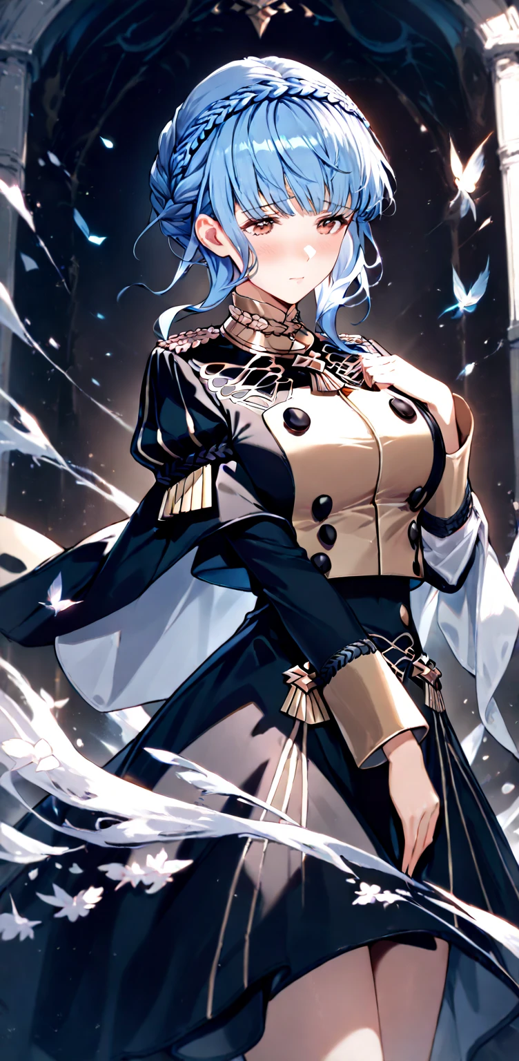 top-quality、Top image quality、​masterpiece、girl with((black shiny mechanic suit、18year old、teen ager、cute little、Best Bust、big bast,Beautiful shining purple eyes、Breasts wide open, white  hair、one white winged,Longhaire、A slender,Large valleys、belligerent movements,sharp claws、anchor chain、chain、chains、Beam Cannon、He has an ice sword in both hands..、)),hiquality、Beautiful Art、Background with((natta、snow blowing、Oyuki、Yuki、ice tower、big ice house、White smoke)))、,masutepiece、depth of fields,Cinematic style