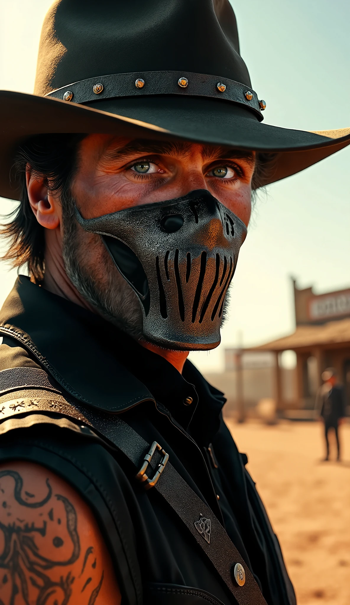 A cowboy with a skull face, brown hat , with a red scarf around his neck ,riding a motorcycle