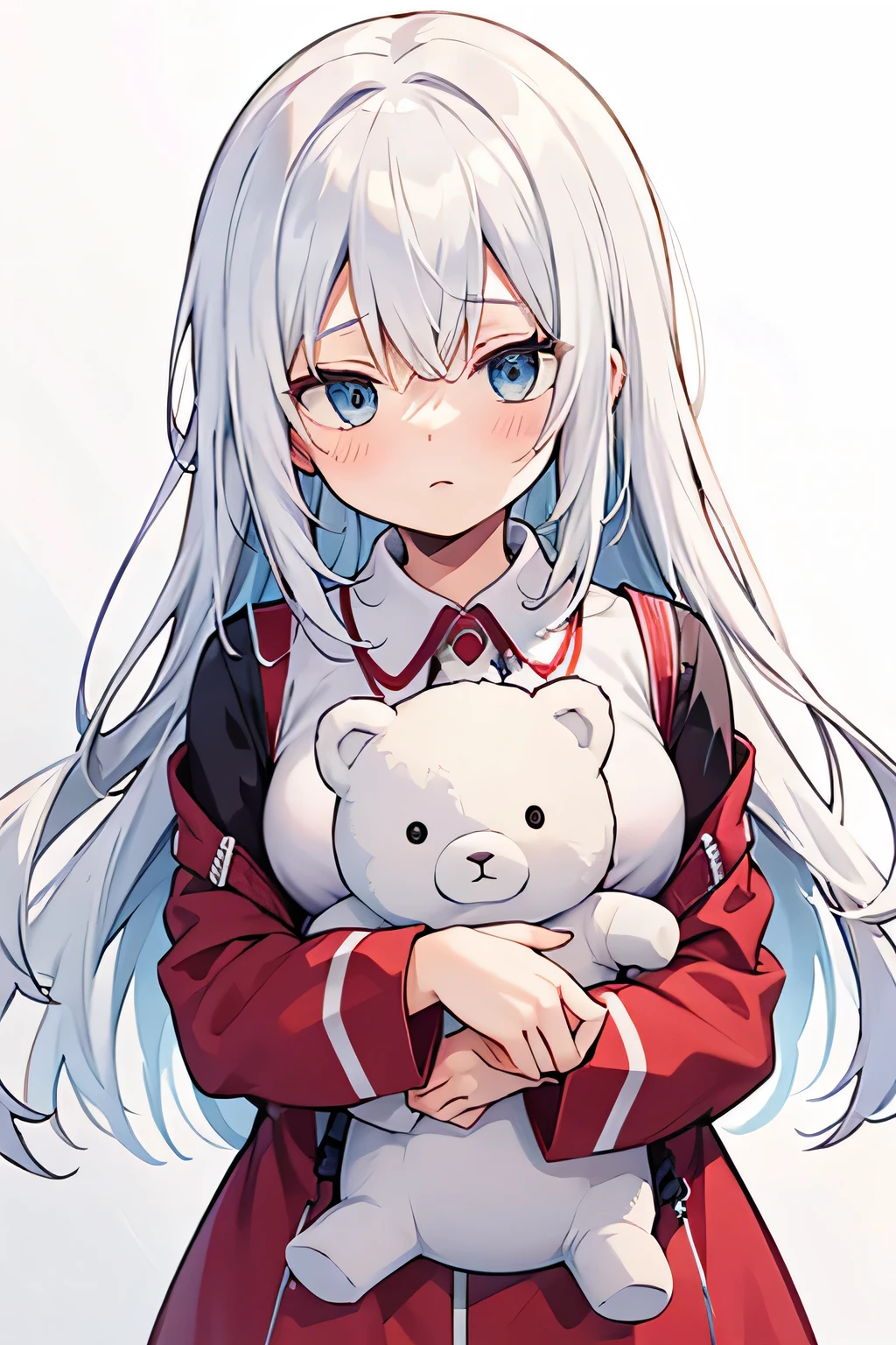 [High Quality]   girl, bicolor hair half red and white, BICOLOR RED AND BLUE eyes , white princess pajamas, expression: nervous,  of a , half red and white hair, [Shoto Todoroki] Small breasts, hugging a teddy eye