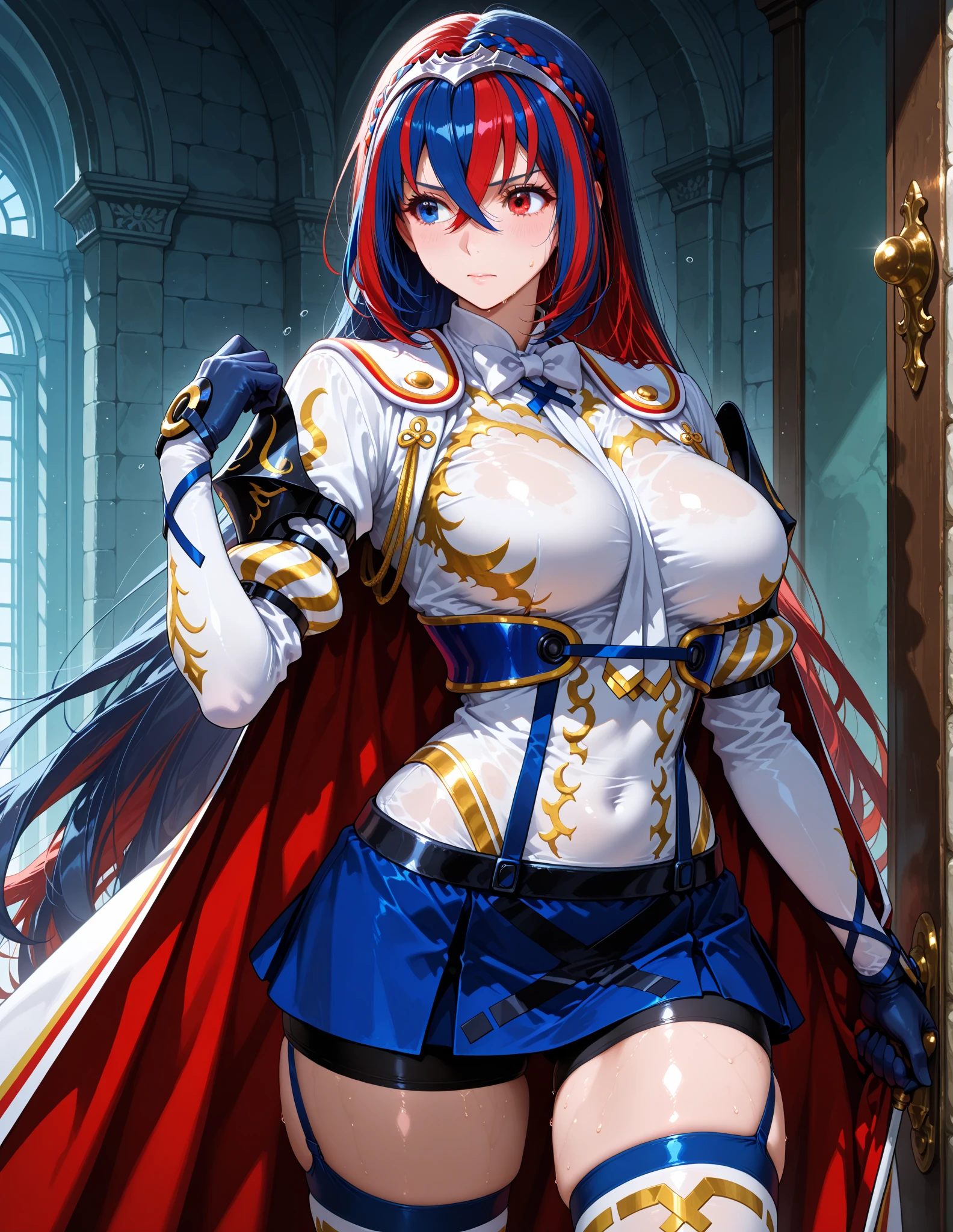 masutepiece, (Best Quality), erza scarlet, red hair, length hair, large full breasts, white  shirt, Sleeveless, a belt, a blue skirt,Bound, Bondage, (arms behind back:1.4), BDSM, tape gag, tape, TAPE BONDAGE, close-up, srestrained, best anatomy, Curled up, Upper body,