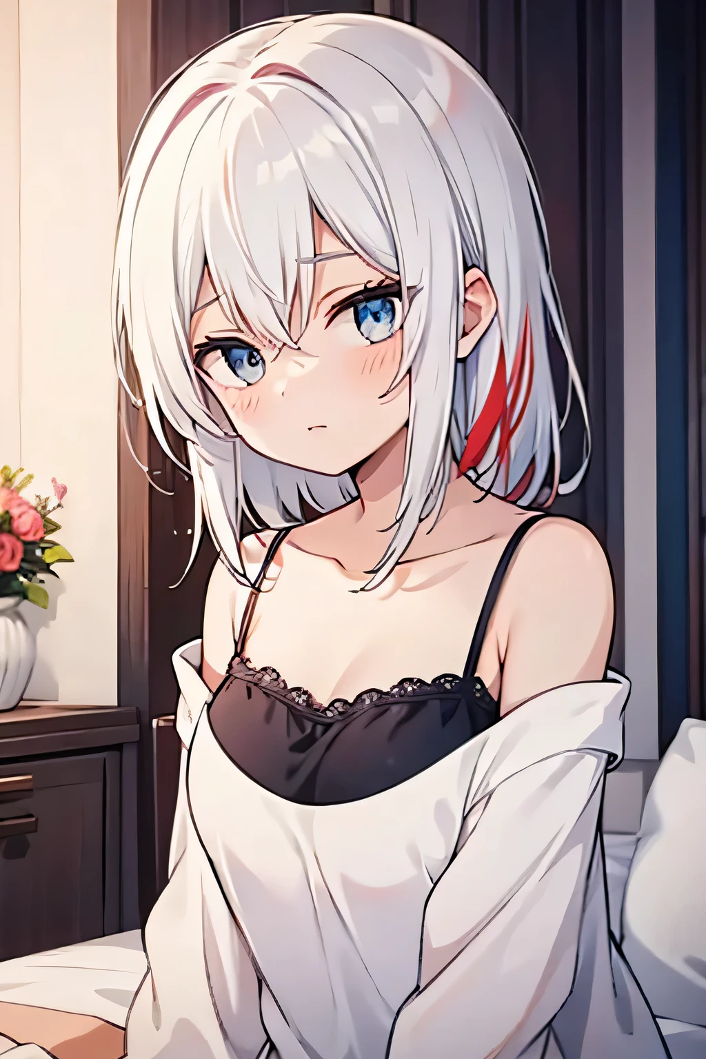 [High Quality]   girl, bicolor hair half red and white, BICOLOR RED AND BLUE eyes , white princess pajamas, expression: nervous,  of a , half red and white hair, [Shoto Todoroki] Small breasts, hugging a teddy eye