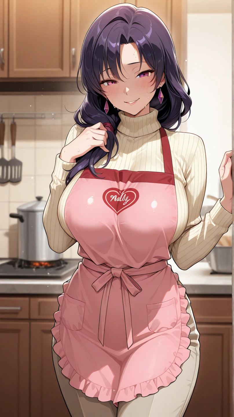 (masterpiece, best quality, ultra-detailed, high resolution, detailed eyes), takeda hiromitsu style, 1woman(40 years old), large breasts, voluptuous body, looking at viewer, cowboy shot, standing, apron, makeup, long side braid