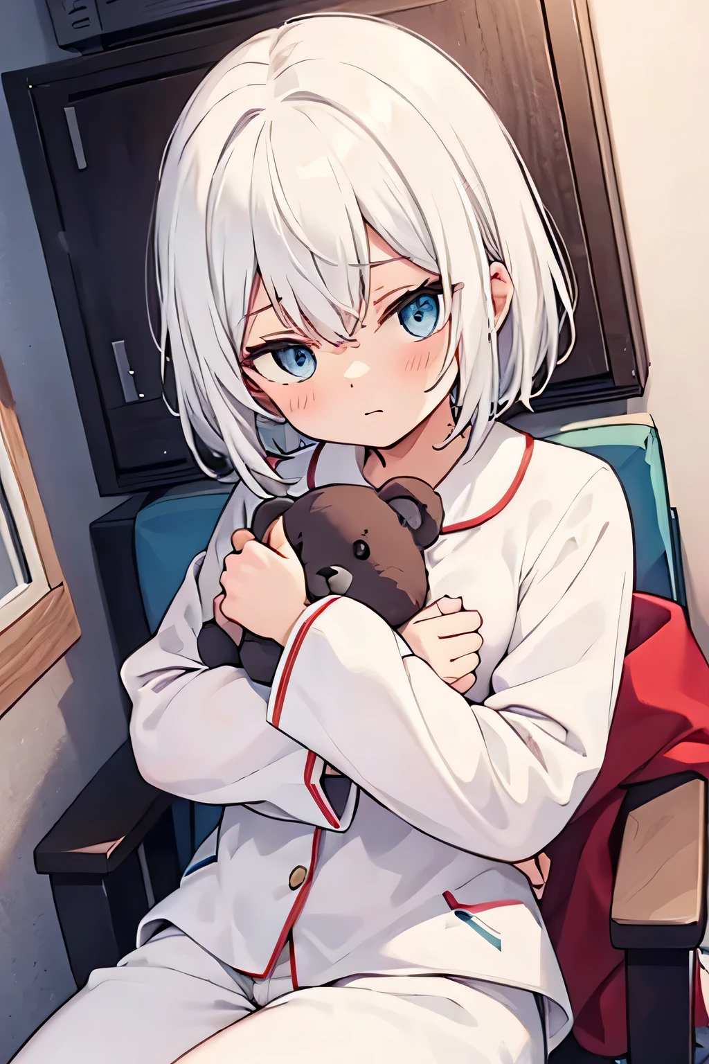 [High Quality]   girl, bicolor hair half red and white, BICOLOR RED AND BLUE eyes , white princess pajamas, expression: nervous,  of a , half red and white hair, [Shoto Todoroki] Small breasts, hugging a teddy eye