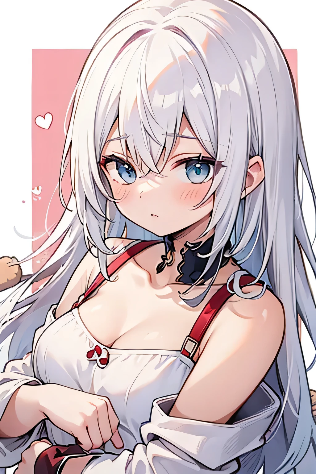 [High Quality]   girl, bicolor hair half red and white, BICOLOR RED AND BLUE eyes , white princess pajamas, expression: nervous,  of a , half red and white hair, [Shoto Todoroki] Small breasts, hugging a teddy eye