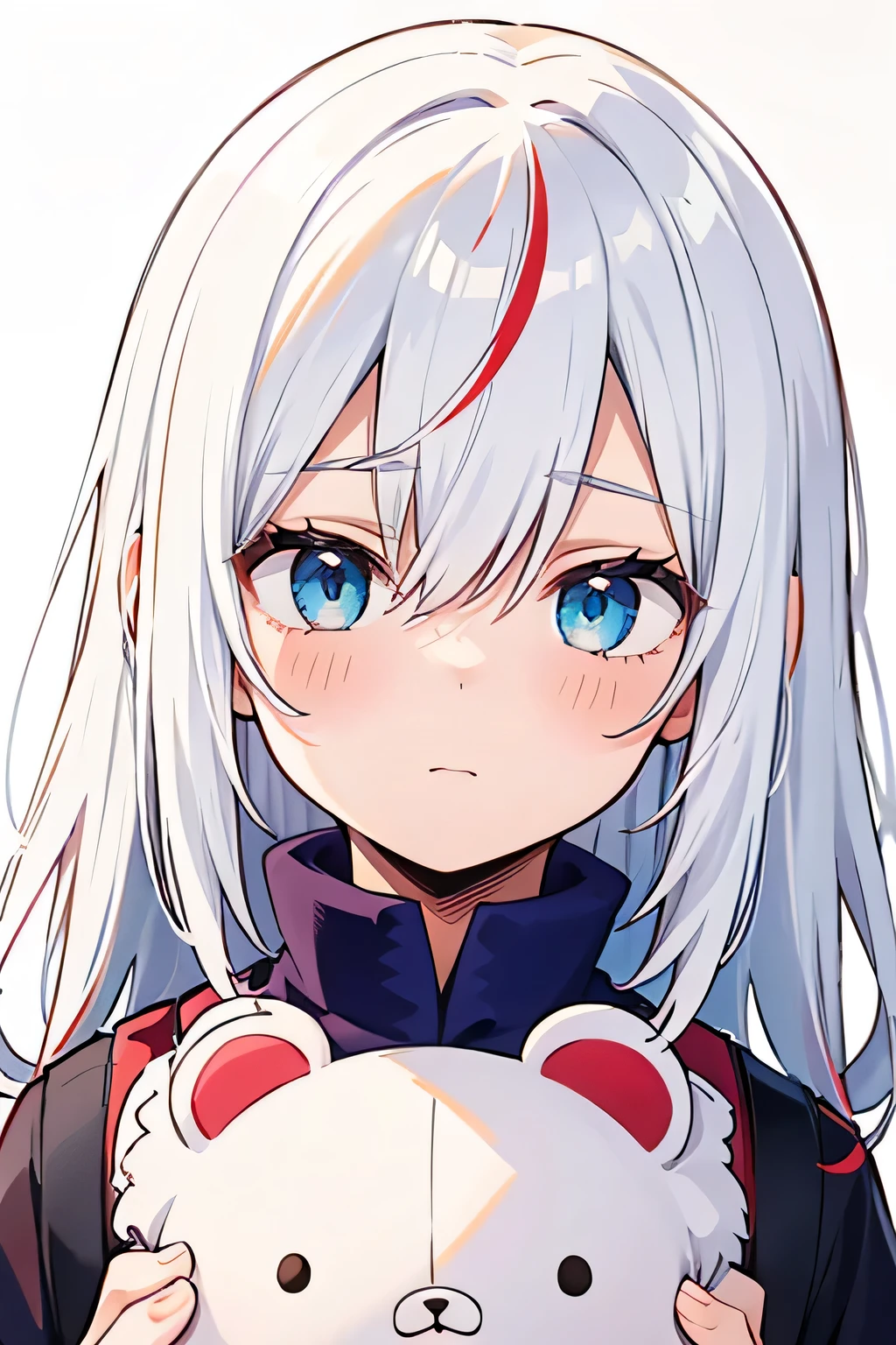 [High Quality]   girl, bicolor hair half red and white, BICOLOR RED AND BLUE eyes , white princess pajamas, expression: nervous,  of a , half red and white hair, [Shoto Todoroki] Small breasts, hugging a teddy eye