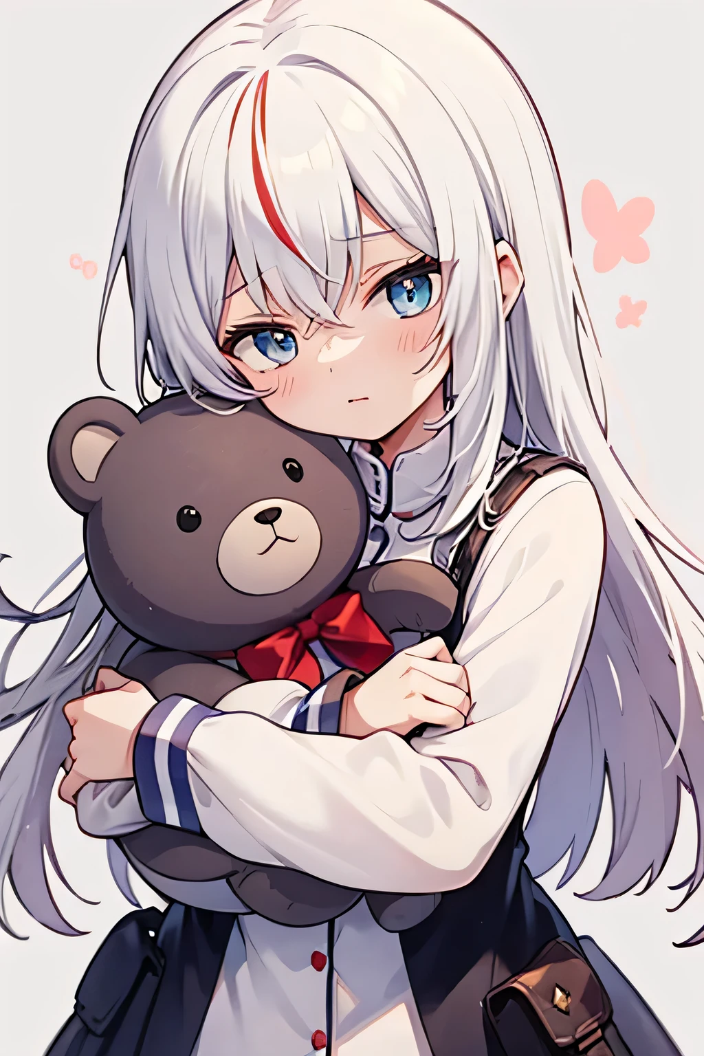 [High Quality]   girl, Bicolor hair half red and white, BICOLOR RED AND BLUE eyes , white princess pajamas, expression: nervous,  of a , half red and white hair, [Shoto Todoroki] Small breasts, hugging a teddy eye