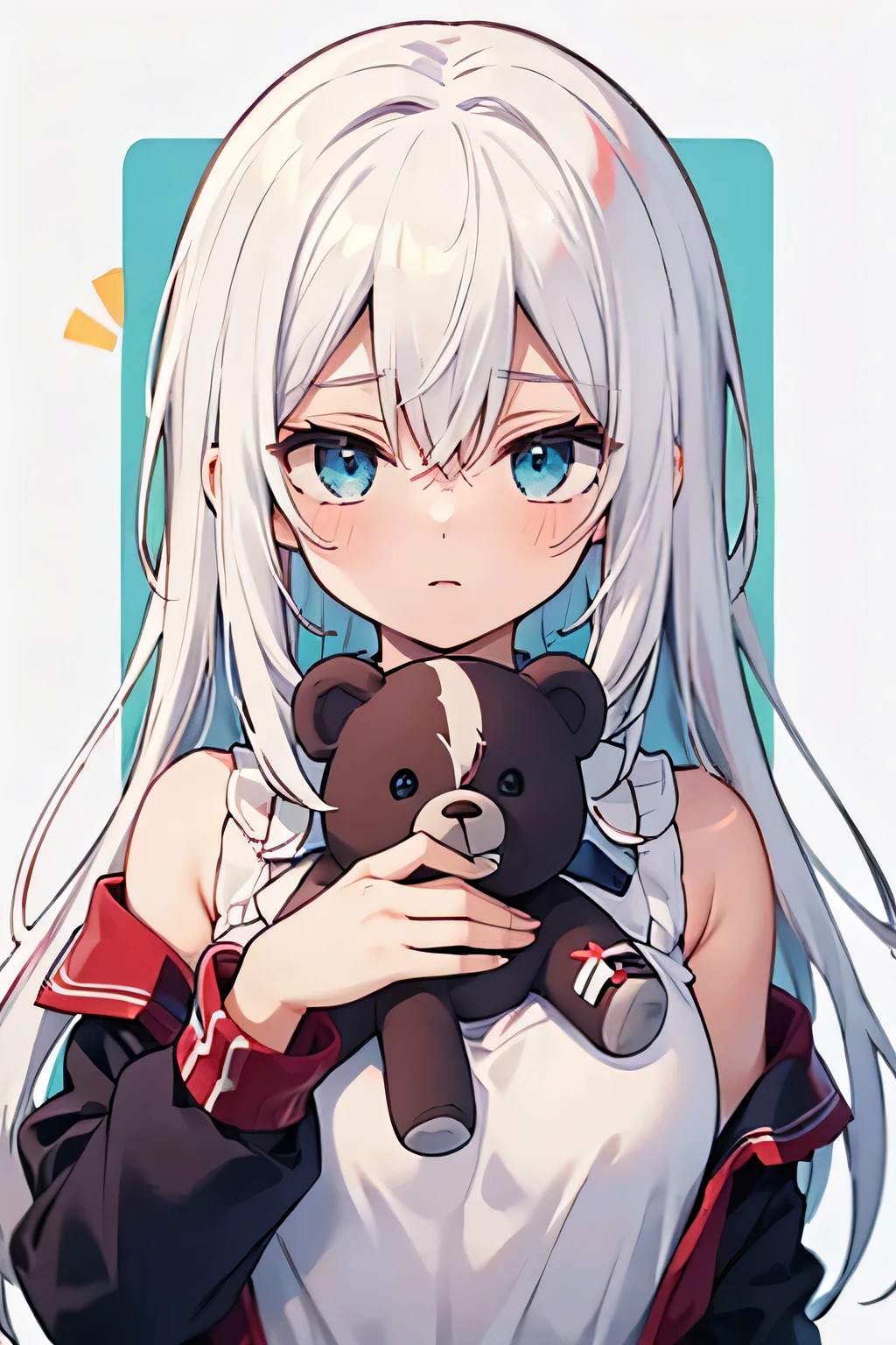 [High Quality]   girl, bicolor hair half red and white, BICOLOR RED AND BLUE eyes , white princess pajamas, expression: nervous,  of a , half red and white hair, [Shoto Todoroki] Small breasts, hugging a teddy eye