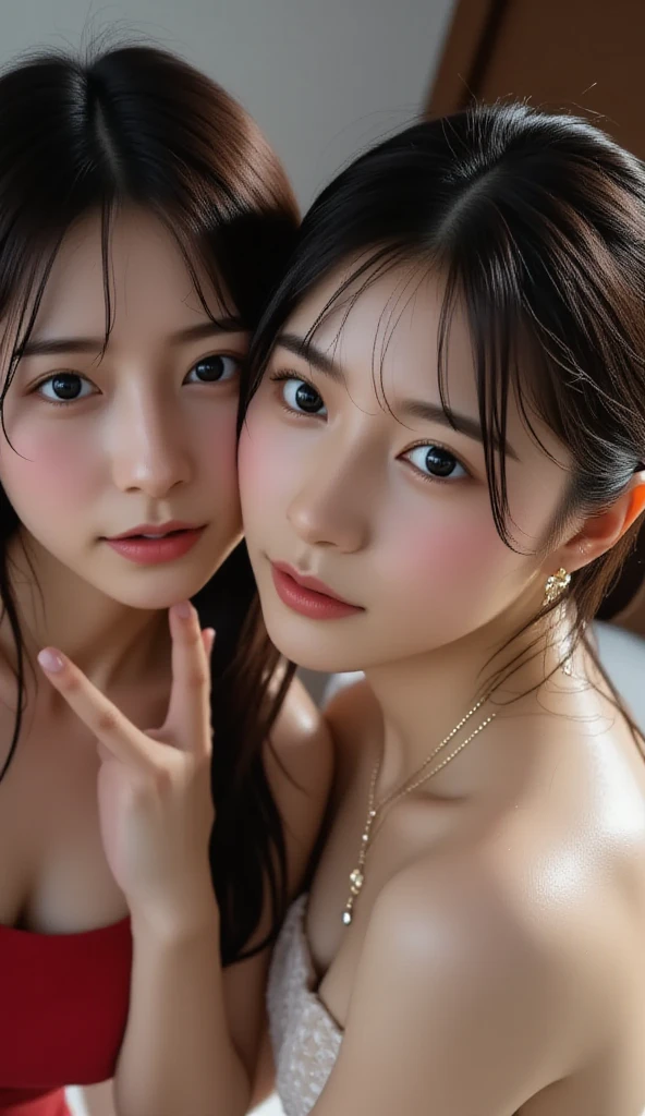 (best quality)), ((masterpiece)), (detailed), perfect face 2 asian identical twin . Bathing kissing perfection. Oiled skin sweaty. Wet pigtail hair. Sticky cream on face. Cream on breasts. Breasts are firm and full. Dripping milk