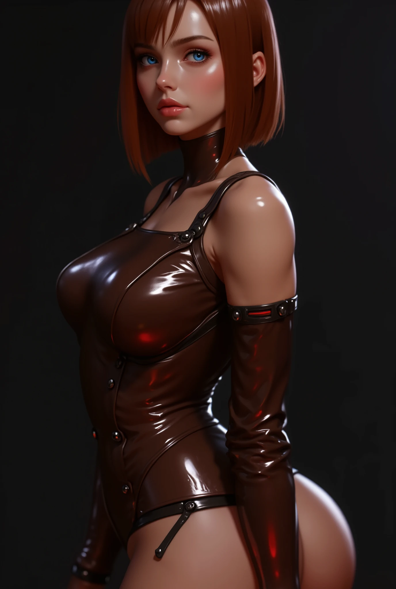 Sexy female in a ground-long brown leather apron over sportive sexy latex bodies and oiled skin; (Browsing Caution:1.2),Highest quality, Realistic, (One skinny girl:1.8), (Muscular:2.0) (Wet coppertone hair girl), With fair skin and captivating blue eyes, (Glossy and Glossy Theme:1.8), (Oily skin, Shiny skin, Wet Skin, Moisturizes the skin, Skin glowing with oil), Detailed face, Big eyes, Very fine contured face, Fine grain, Big eyes, Droopy eyes, double eyelid, Sparkling Eyes, (Metallic red color theme:1.4), (((Wearing rubber oil latex in a very tight and very tight super gloss metallic dark grey color under a brown leather harness))), (Slimy rubber:1.6), (Sexy dancer fashion:1.6), （High leg:1.2), (Detailed oil-based latex:1.6), Adopt a curvaceous posture, Moist Skin, (Concrete), Happy, smile, The audience watching, Beautiful firm sized breasts, Oily breasts、oily breast meat、Stained Skin, (Meat stuck in clothes, Flesh sticking to clothes), (Abdominal muscles:1.2), Bold exposure、(Oily skin), Wet Skin、Moist Skin, Sportive muscular round ass、Captivate your audience、Random sexy poses, (Sexy pose:1.4)、Adopt a curvaceous posture, (A perfect and beautiful black background),(White Light Refraction),（（（Abdominal musclesがきれい、Beautiful cleavage、No sleeve、Sexy thighs、Protruding nipples、Beautiful pussy line）））、 (Metallic dark grey color theme:1.4),（（small breast、Slender Body））High leg、Sexy thighs