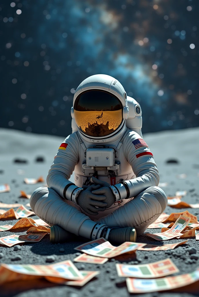 Astronaut sitting in lavender field