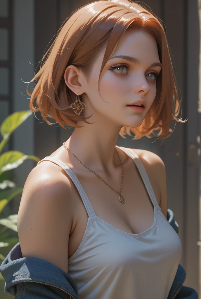 8k, RAW Photography, portlate, Turned、Kamimei、short-hair、top-quality, 超A high resolution、鎖骨、onepiece、Braids、window、Photorealsitic, 女の子1人, full bodyesbian, redhair, Green eyes、piercings, a smile, eye lashes, 电影灯光, depth of fields, lensflare