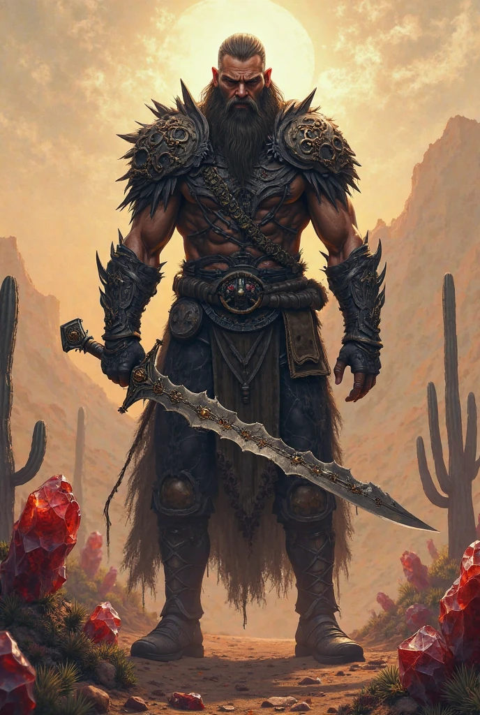 Full body side view of a muscular, tattooed American Indian man, wearing black hood and long cape, detailed owl mask under the hood, attractive face man, no beard, shirtless and wearing loincloth, loose black pants, black boots and wide silver bracelets on both wrists. He is in a fighting stance with an axe, standing in the Arizona desert. Frazetta Art style .
