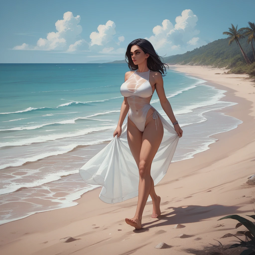 A stunningly beautiful woman with perfect curves emerges from the sea, walking towards a beachside bar, (best quality,4k,8k,highres,masterpiece:1.2),ultra-detailed,(realistic,photorealistic,photo-realistic:1.37),extremely detailed eyes and face,longeyelashes,beautiful detailed lips,beautiful detailed eyes,elegant dress,graceful movement,ocean backdrop,sandy beach,beachbar in the distance,glowing sunset lighting,vivid colors,cinematic composition