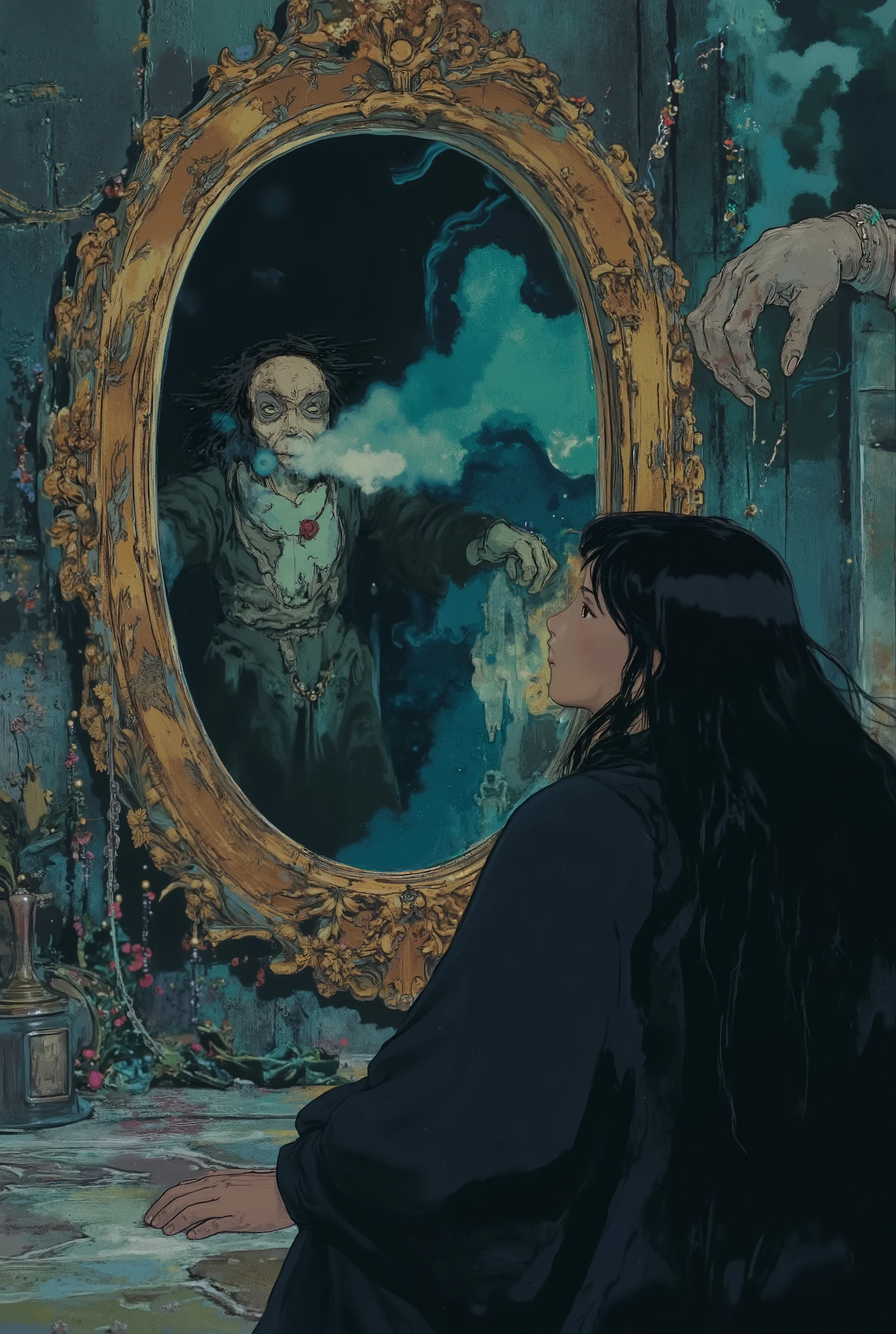 1girl, looking at the mirror, sitting, the death reflection, golden circle frame floral carved mirror, long black hair, mystical elemental, ethereal, dark smoke surrounded, dramatic light, creepy scene, crisp, terrifying, dimmed light, a hand bone emerged from the mirror, super detailed, UHD, 8k, epic realism, fantasy art, photo art. wear jjt black wizard robe