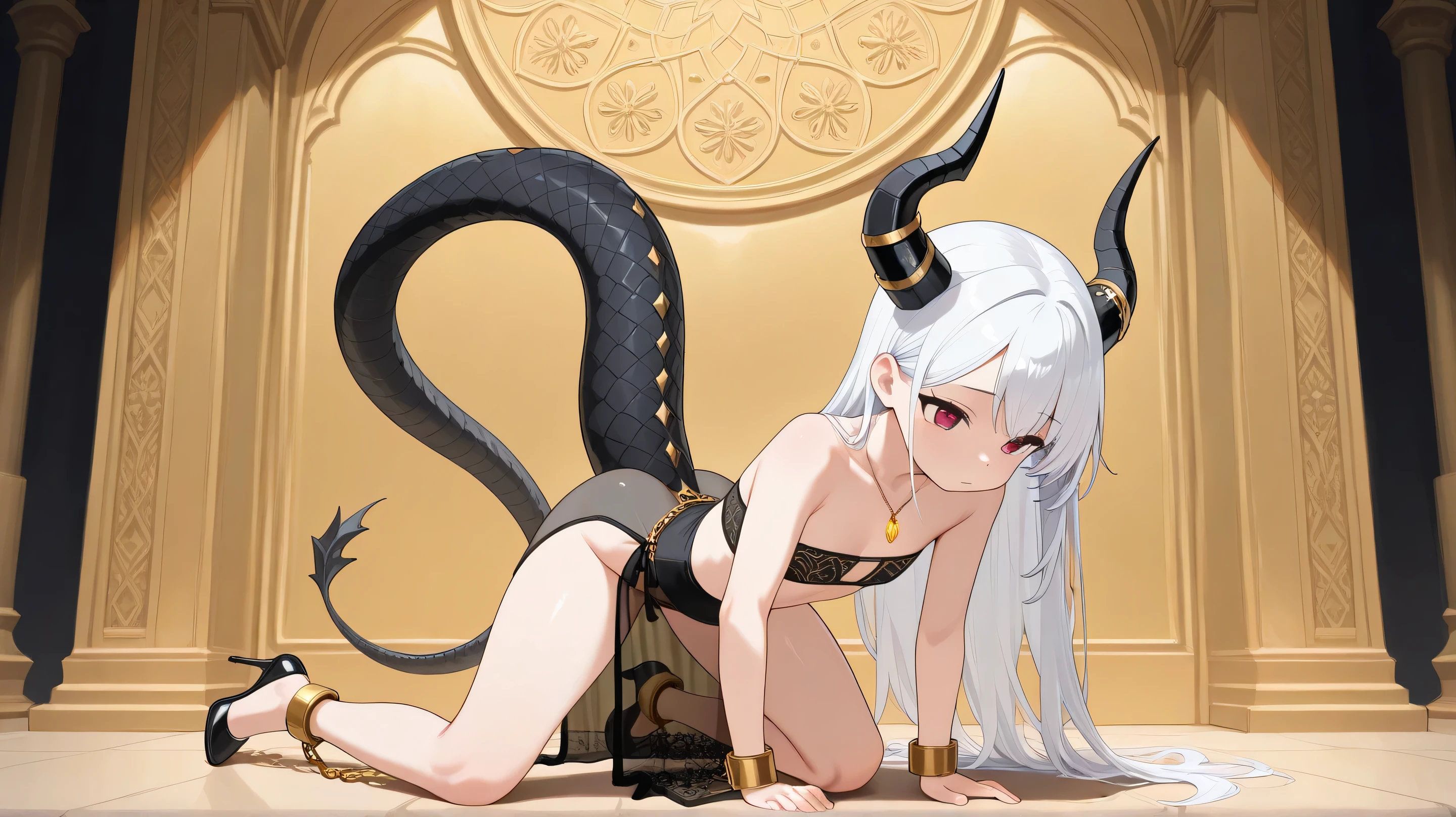 front of the camera, fullbody, girl, white hair, yellow eyes, half-naked, scales, dragon girl