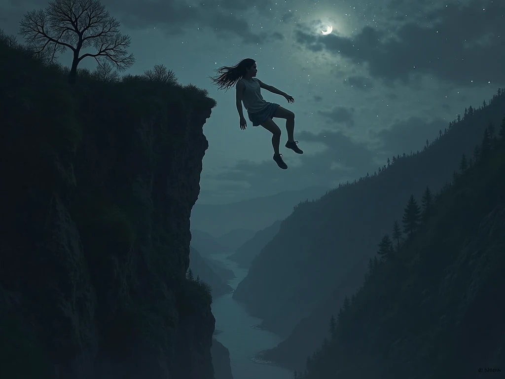 A blonde woman alone jumping off a cliff at night, with the moon in the background