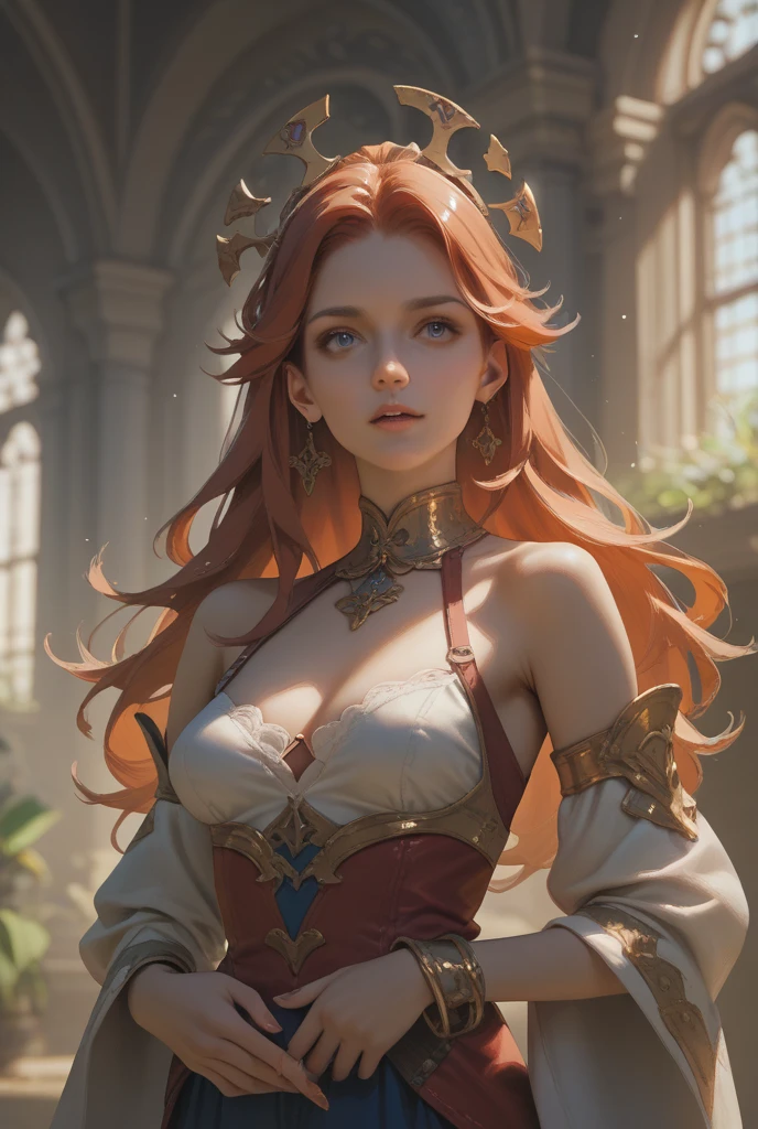 (highest quality、4K、8K、High resolution、masterpiece:1.2)、Super detailed、(anime style、photorealistic:1.37)、Red hair、red eyes、black sheer dress、look up、Upper body、bunched hair、Fair skin、side braid、Graceful background、soft lighting、delicate features、calm expression、floating feathers、flowing dress、elegant posture、mysterious aura、subtle shine、fine details、complex pattern、peaceful atmosphere、surreal atmosphere、graceful movements、seductive charm、Dreamy settings、celestial beauty、 celestial elements、Soft color palette、breeze、Heavenly glow、radiant energy