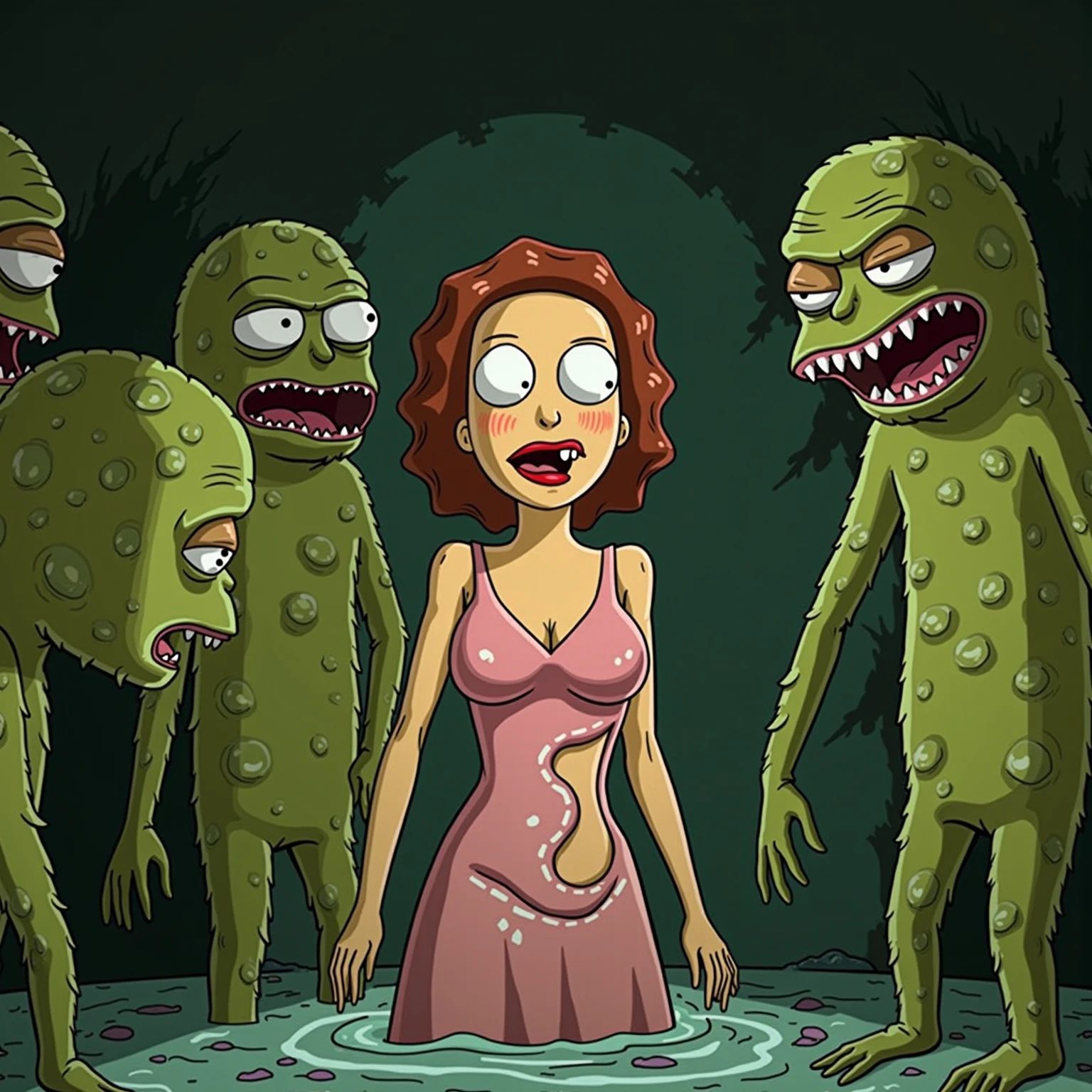 A cute woman, 50s clothing, has been caught by horror movie monster the Blob, she is encased in translucent slime that is dissolving her, mouth open to scream, body half dissolved