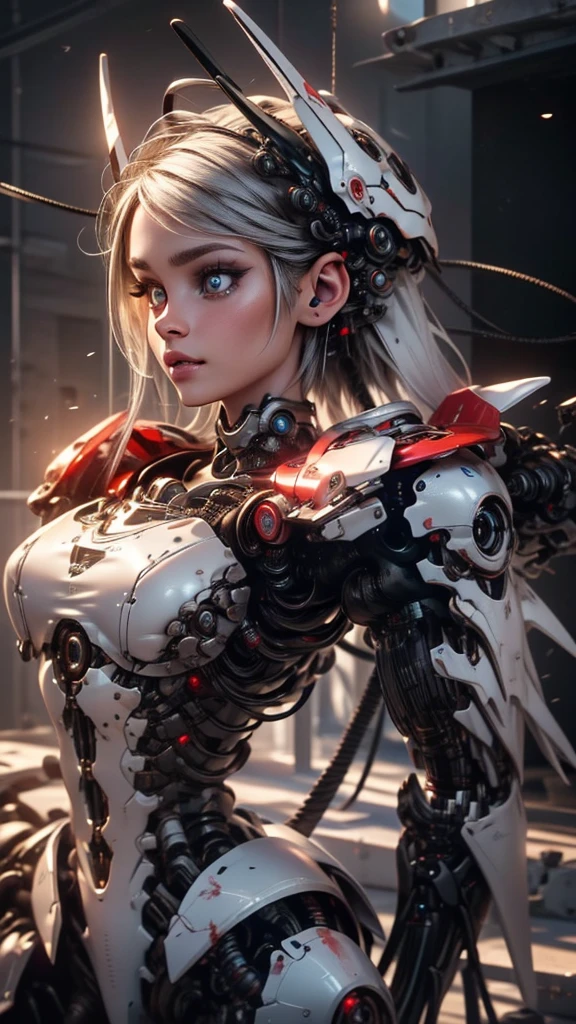 (masterpiece), best quality, 1990s (style) retro artstyle, 1girl, solo, (cyberpunk), cyborg, robot, upper body, white hair, red eyes, black and red, black mechanical arms, bio mchanical, cyborg, robo girl <lora:biomanic:0.7>
