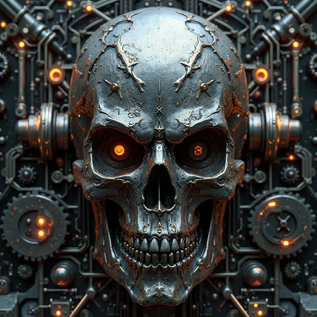 cyber skull , bacground factory gears.
