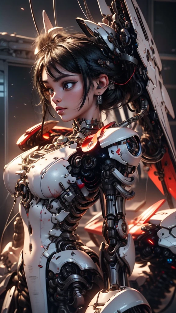 1Mechanical Girl,((Super realistic details)), portrait, global illumination, shadow, octane rendering, 8K, Super sharp,Metal,complex, Accessories details, cool color, egypt details, highly complex details, realistic light, Trending on CGSociety, glowing eyes, face camera, Neon details, mechanical limbs,blood vessels connected to tubes,Mechanical vertebrae attached to the back,Mechanical cervical spine attached to the neck,sitting,Wires and cables connected to the head