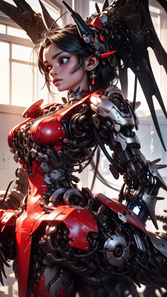(Masterpiece), (Best quality), Photorealism, Realistic, Ultra detailed, Perfect face, Perfect body, 1girll, Beautiful girl, Girl in red armor, Mechanical armor, exoskeleton, Stand, Cool pose, Sexy, Watching from behind