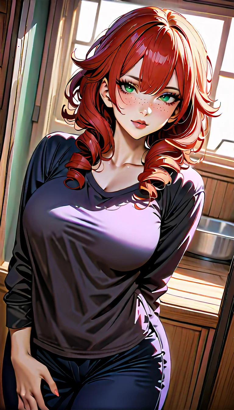 (high quality, 8k, 4K, high contrast, artwork:1.2, high quality, best aesthetics), (centered), ((1 woman)), erotic, sensual, mature body, grown woman, super detailed, beautiful face detailed, beautiful eyes detailed, detailed beautiful mouth, perfect big breasts, (long curly red hair), (green eyes), (freckles), (black eyeliner), (pink eyeshadow), (relaxed expression), (facing the camera), (penetrating gaze), (standing), (straight body posture), (hands behind the back), (angle from the front of the woman), (front view), (casual home clothes), (inside a house)