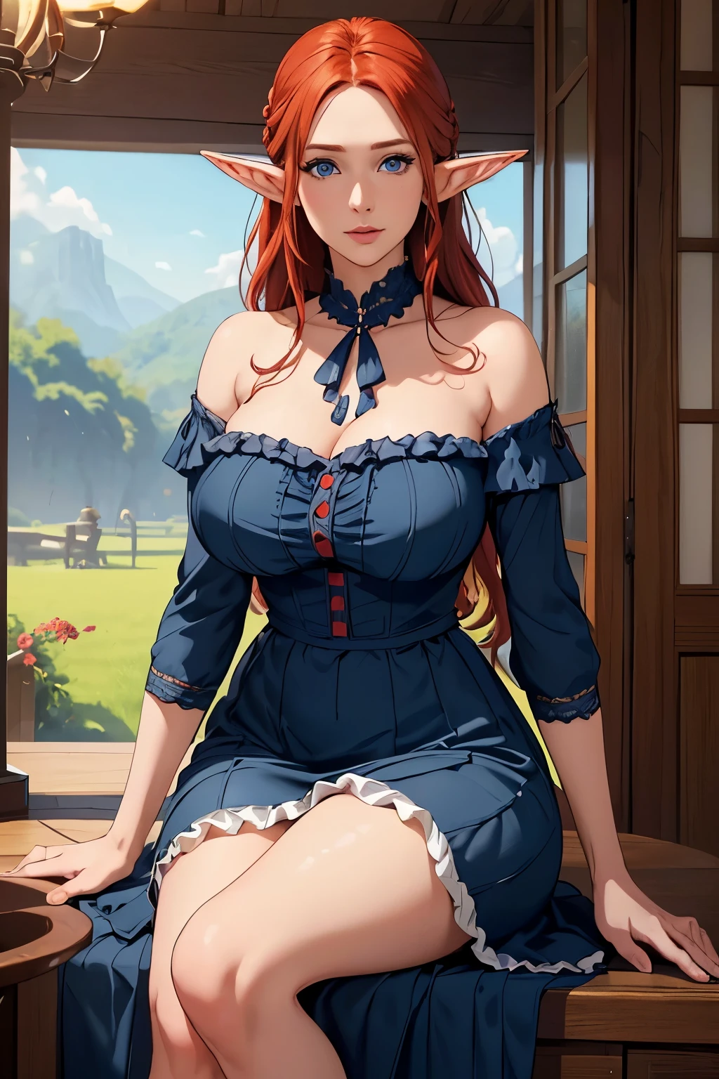 Handsome farmer with braids . (( Redheaded Woman, mature adult woman , mature MILF's face , Long skirts , pointed ears , elf ear)), Perfectly round face . cute and charming face , big lips , beautiful and voluptuous , charming beauty , (( soft expression on the face )), ((Belo grande, detailed blue eyes )), curly curly , long legs (( Dark blue dress with ruffles, mature adult woman , adult milf face, modest dress, very high neckline)) ( detailed high )), official art , Award-winning digital painting , digital illustration , extreme details, 4k, Ultra HD, rococo, , intrincado, Realistic fantasy art , sharp focus, conceptual artwork , arte por wlop, germ of art, ( 2D vector illustration ) Luz , arejado, Hourglass Shaped Body . ellie bamber