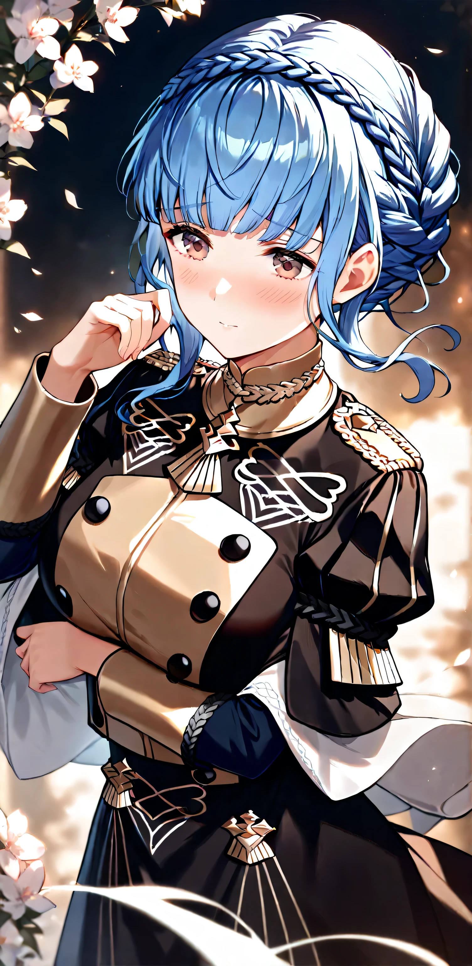 masterpiece,high resolution,Best Quality,8k，((BEST QUALITY)), (masterpiece)), (details: 1.4), high resolution, (masterpiece: 1.4), 超details, 1 beautiful girl, marianne_von_edmund, 1girl, shy,blue hair, solo, braid, brown eyes, crown braid, Big Breasts,dress, long sleeves, garreg mach monastery uniform,