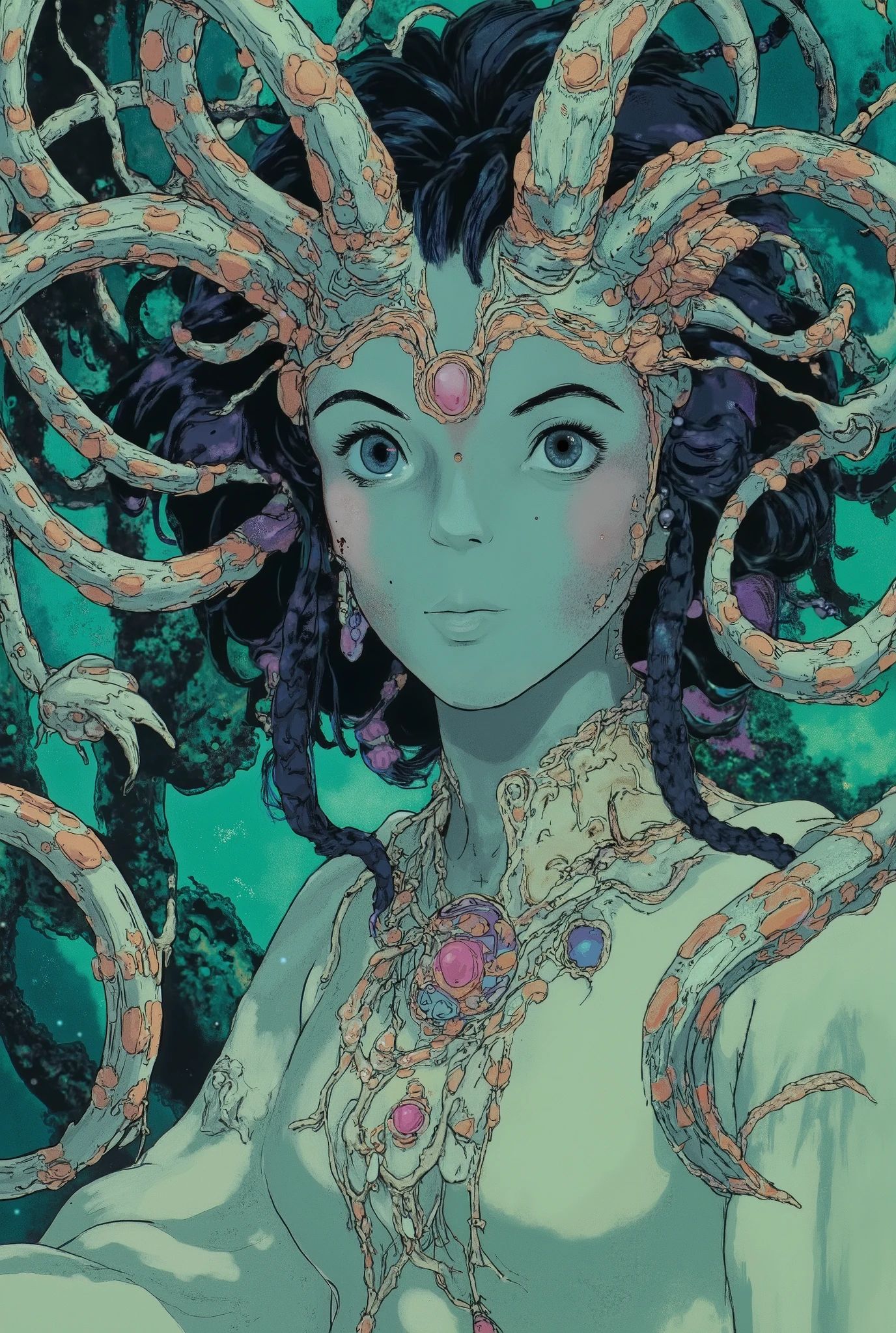 enchanting super beutiful medusa, with snakes hairs, colour silver snakes. soft naive eyes and face. middle closes photo. 8k quality pictures. wear green purple gaun