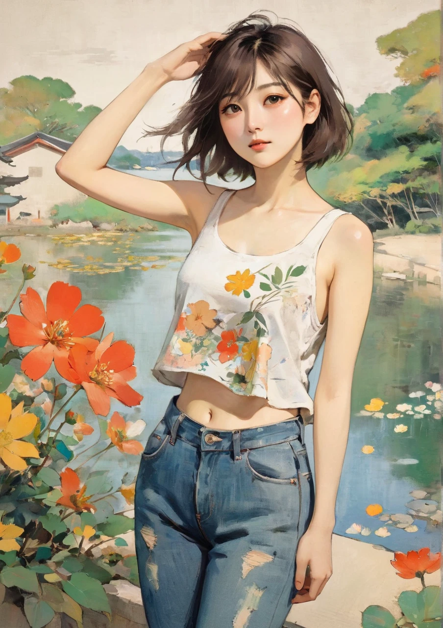 (masterpiece:1.2), Highest quality,Pixiv,Surprised girl,Portraiture,Tank top、18-year-old、Immediately after intense sex、Ecstasy、((((Midsummer clothes、Full body portrait))))、Shorts、Pop Art