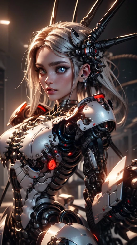 (((Masterpiece))), ((Best Quality)), (Super Detail), (CG Illustration), (Very Evil and Beautiful)), Cinematic Light, ((1 Mechanical Girl)), Single, (Mechanical Art: 1.4), ((Mechanical limb)), (Blood vessel attached to a tube), ((Mechanical spine attached to the back)), ((Mechanical cervical vertebrae attached to the neck), (Back to the viewer)), expressionless, ( Wires and cables attached to the head and body: 1.5), Science Fiction, Apocalypse, Ruins, (Lower Body Integrated with Mechanical Devices), (Blood: 1.5), Cruelty, Absurdity, Eroglotesque, Fusion with Machines, Doomsday Time, Super Future, Inorganic, Laboratory, Restraint, (Beautiful Indulgence: 1.2), (1 Girl: 1.3)